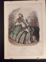 French antique steel engraving with coloring antique fashion print marked Heloise Leloir in a precious frame