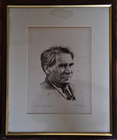 Móricz Zsigmondot ábrázoló ceruzarajz Móricz Zsigmond aláírásával, keretben, 16x21,5 cm