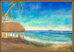 Két kép, egy horizont.  Upolu partján. 70x100cm/db Károlyfi Zsófia Prima díjas művész alkotása.