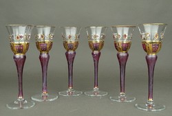 1F651 Bohémia dombormintás aranyozott kézzel festett talpas lila pezsgős pohár készlet 6 db