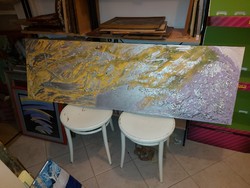 160x50 cm, "Ezüst bérceken", festmény, vegyes technika