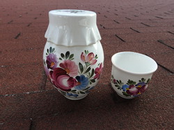 Hand-painted rose-patterned vase with glass - marked