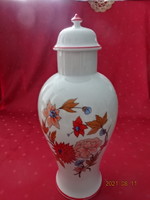 Hollóházi porcelán, piros szegélyes fedeles váza, magassága 38,5 cm. Vanneki! Jókai.