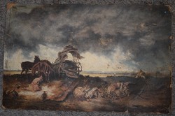 Munkácsy Mihály "Vihar a pusztán" másolat, némileg sérült, 27,5x42cm