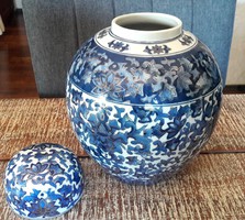 Kézzel festett KÍNAI porcelán fedeles tea, gyömbér tároló, váza, tartó 28 cm, számozott