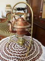 Álomszép, ritka, antik, vörös és sárgaréz, ma is használható, melegítős állványos teáskanna