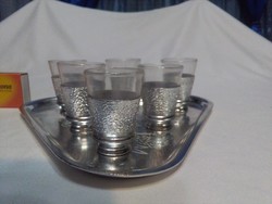 Retro "Balaton" fém tálca hat darab fém talpú műanyag pálinkás pohárral