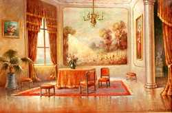 József Sarlina: aristocratic interior - flawless oil on canvas painting, framed