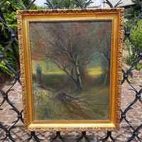 Mednyánszky: dusk, painting, oil, canvas 55.5 x 70.5 cm, antique, wooden picture frame