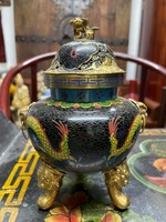 Kínai rekeszzománc, tűzzománc( Cloissoné ) sárkányos füstölőtartó