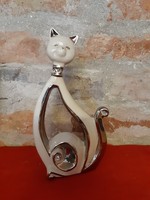 Porcelán cica fehér-ezüst, art deco stílusú