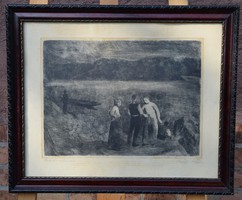 Etching by István Szőnyi, signed, 29x39, with frame, in good condition Christmas sale!