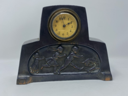 Gyermekeket ábrázoló bronzírozott ón Art Deco kandalló óra az 1920-as évekből-CZ