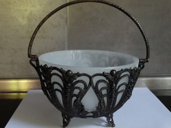 Antique chiselled alpaca basket with opal glass insert, 15 cm high