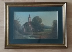 Landscape with church, oil, wood 47x63 cml (Italian v Austrian painter) -