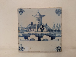 Antique blue tile without frame Delft porcelain 18th century 4358