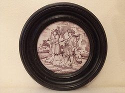 Antik delfti porcelán barna csempe kör alakú keretben törött 18. század    4361