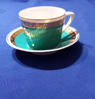 Hollóházi türkiz -arany retro porcelán  kávés csésze szett