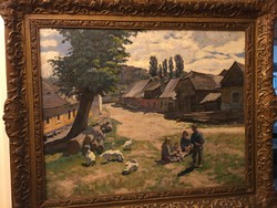 Antik falusi nyugalmat sugárzó olajfestmény Vitéz Mátyástól ( 1891-1978 ) .