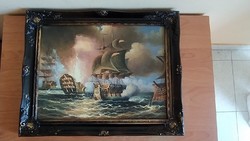 Nagyon szép hajós vászon festmény 38x48 cm kerettel (tengeri csata)