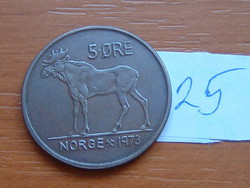 NORVÉGIA 5 ÖRE 1973 Olav V, Pénzverde: Kongsberg, Norvégia, Bronz Jávorszarvas 25.