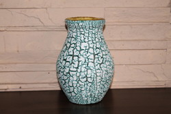 Iparművészeti repesztett mázas türkiz színű váza (Bán Károly)