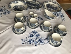 Angol porcelán teás szett + 3 nagy kínáló tál ovális kék mintás Johnson Bros