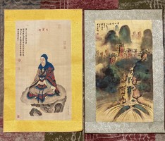 Chinese 2 pcs watercolor painting rice paper and silk wise man and landscape china japanese chinese painting