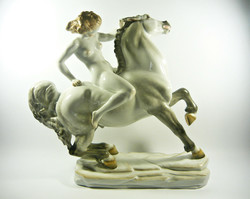 HERENDI, MEZTELEN AMAZON LOVON, XXL 44 CM, KÉZZEL FESTETT PORCELÁN FIGURA, HIBÁTLAN (P124)