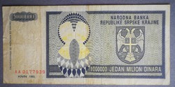 Horvátország Krajinai Szerb Köztársaság 1 millió Dinara 1993 F-