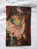 Antik üdvözlőlap/képeslap, Mikulás/Télapó alvó kislány, angyalok, játékok, 1935