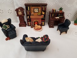 Gyűjtői miniatur babaház könyvtár- nappali bútorok, kiegészítők