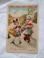 Antik litho/litográfiás gyerekmotívumos képeslap/üdvözlőlap kislány, kisfiú, torta, névnap