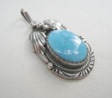 Handmade, Navajo antique silver pendant, with large turquoise, unique piece