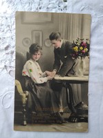 Antik kézzel színezett fotólap/képeslap, romantikus pár, szerelmes versike 1928
