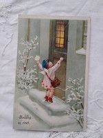Antik grafikus gyerekmotívumos képeslap/üdvözlőlap, angyalka, újévi köszöntés 1942