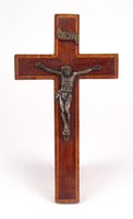 1F877 Antik fa kereszt feszület bronz Jézussal 15.5 cm