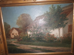 Kardos Gábor falusi ház olaj fa festmény