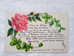 Antik litho/litográfiás képeslap/üdvözlőlap pink rózsa, lóhere, 1910-es évek