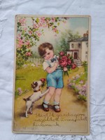 Régi gyerekmotívumos képeslap/üdvözlőlap kisfiú, kutya, virágcsokor Hannes Petersen grafikája 1941