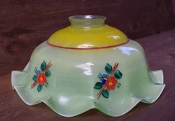 Antik lámpabúra színes festett fodros szélű tejüveg 24,5 x 10 cm lámpa , csillár búra