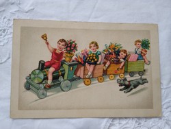 Régi litho/litográfiás gyerekmotívumos képeslap/üdvözlőlap gyerekek, kutya, kisvonat 1951