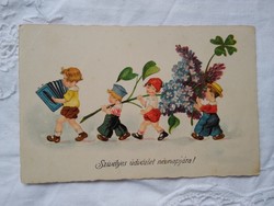 Antik gyerekmotívumos képeslap/üdvözlőlap gyerekek, névnapi köszöntő, orgona 1931