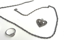 Silver necklace, heart pendant and silver ring, marked