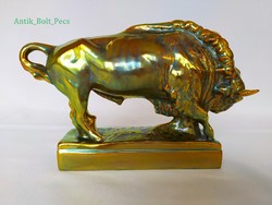 Zsolnay standing bull in bronze eosin color. Flawless!