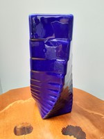 Royal blue glazed square twisted ribbed ceramic vase