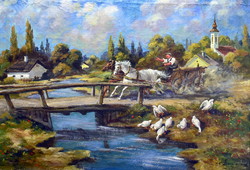 Francis the Great (1888 - 1964) riding a tooth on the edge of the village ... Oil painting!