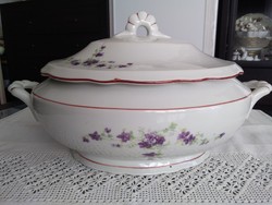 Old Zolnay shield-sealed porcelain soup bowl with a violet pattern and an drawn border!
