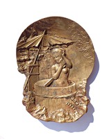 Fürdöző nő, szecessziós bronz Brendorf E névjegykártyatartó