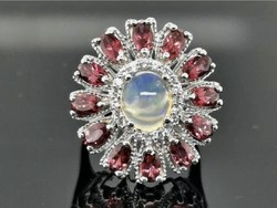 Fabulous rhodolite and Ethiopian opal, white topaz gemstone ring, size 54 925 silver new